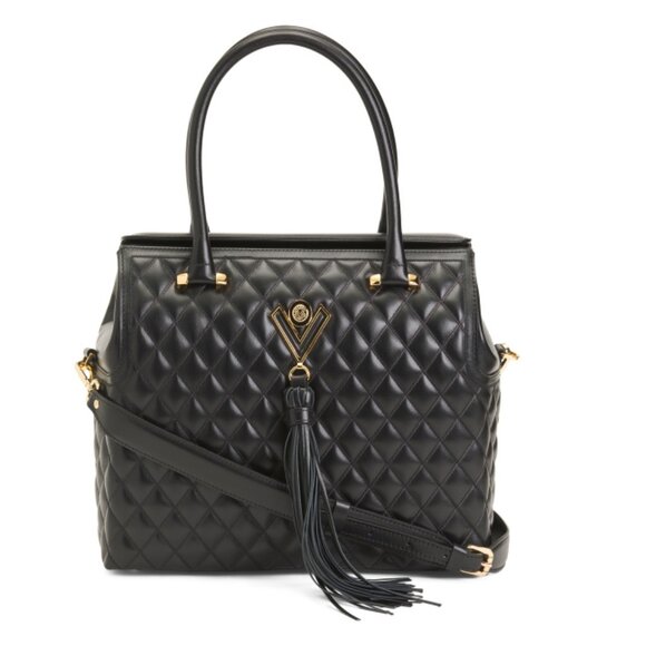 VALENTINO ORLANDI Black Leather Quilted With Tassel Top Fold Closure Satchel